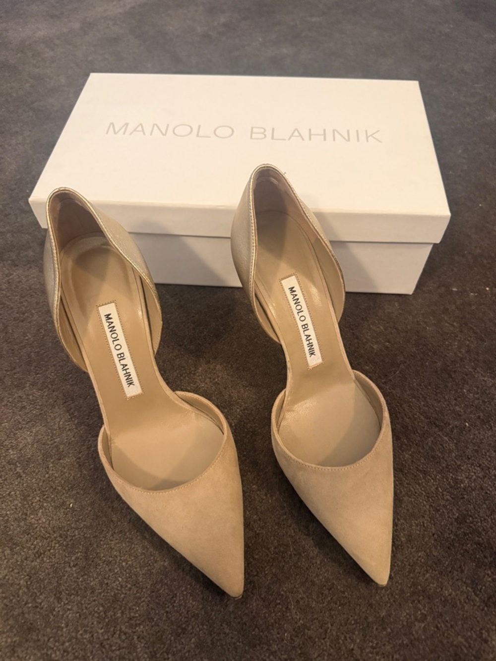 Manolo Blahnik Beige Suede Pointed D'Orsay Pumps